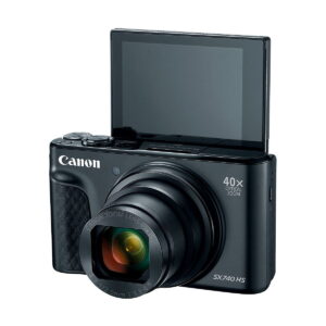 Canon PowerShot SX740 HS compact camera in black with 40x optical zoom lens and forward-facing LCD screen.