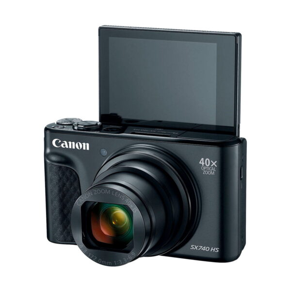 Canon PowerShot SX740 HS compact camera in black with 40x optical zoom lens and forward-facing LCD screen.