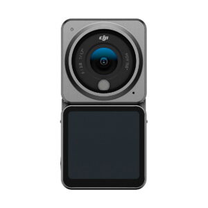 The DJI Action 2 Dual-Screen Combo action camera has a visible lens at the top and a small rectangular screen at the bottom against a white background.