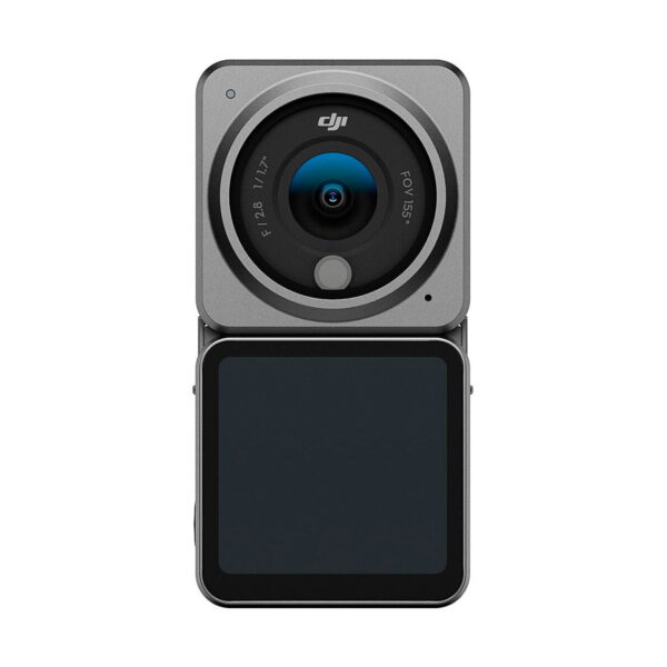 The DJI Action 2 Dual-Screen Combo action camera has a visible lens at the top and a small rectangular screen at the bottom against a white background.
