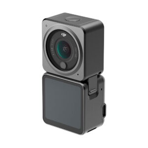 The DJI Action 2 Dual-Screen Combo is a compact, modular action camera with a wide-angle lens and small touchscreen, both housed in stylish metallic grey modules.