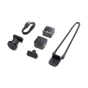 The DJI Action 2 Dual-Screen Combo action camera is shown on a white background with accessories: a small square camera, a USB cable, a circular magnetic mount, a clip mount, a Velcro mount and a neck strap with camera holder.