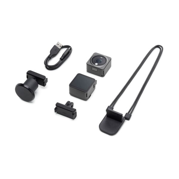 The DJI Action 2 Dual-Screen Combo action camera is shown on a white background with accessories: a small square camera, a USB cable, a circular magnetic mount, a clip mount, a Velcro mount and a neck strap with camera holder.
