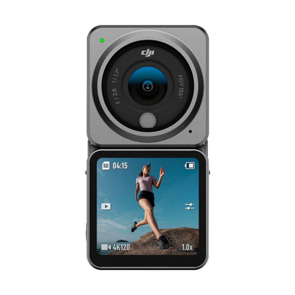 The DJI Action 2 Dual-Screen Combo action camera with a rotating screen shows a woman running across rocky terrain under a blue sky, with recording options such as 4K resolution and a timer.