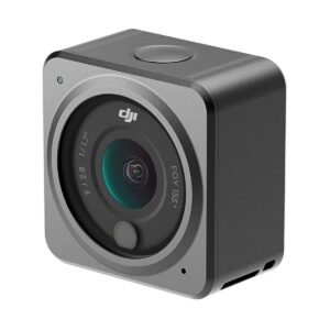 The compact DJI Action 2 Dual-Screen Combo Action Camera in black and silver with a wide F2.8 1/1.7 lens at 155° FOV is shot at an angle against a white background.