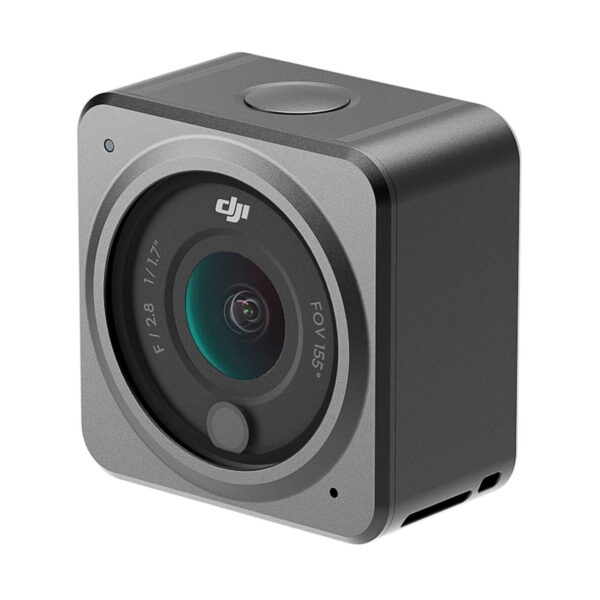 The compact DJI Action 2 Dual-Screen Combo Action Camera in black and silver with a wide F2.8 1/1.7 lens at 155° FOV is shot at an angle against a white background.