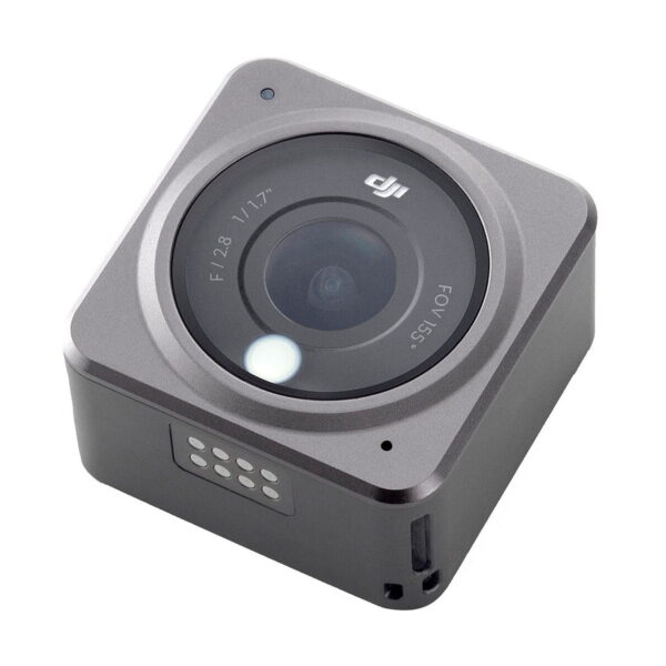 The DJI Action 2 Dual-Screen Combo is a compact, square-shaped action camera with a large lens, visible aperture markings, metallic finish and small indicator lights on the side.