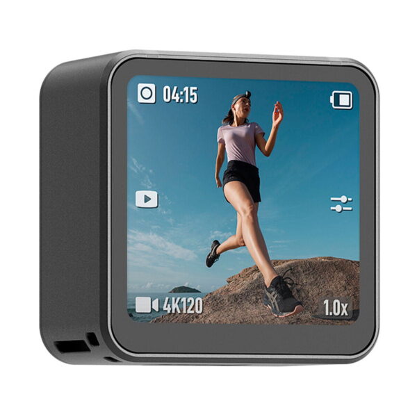 The DJI Action 2 Dual-Screen Combo action camera displays a woman in sportswear running across rocky terrain under a blue sky, with recording icons and settings.