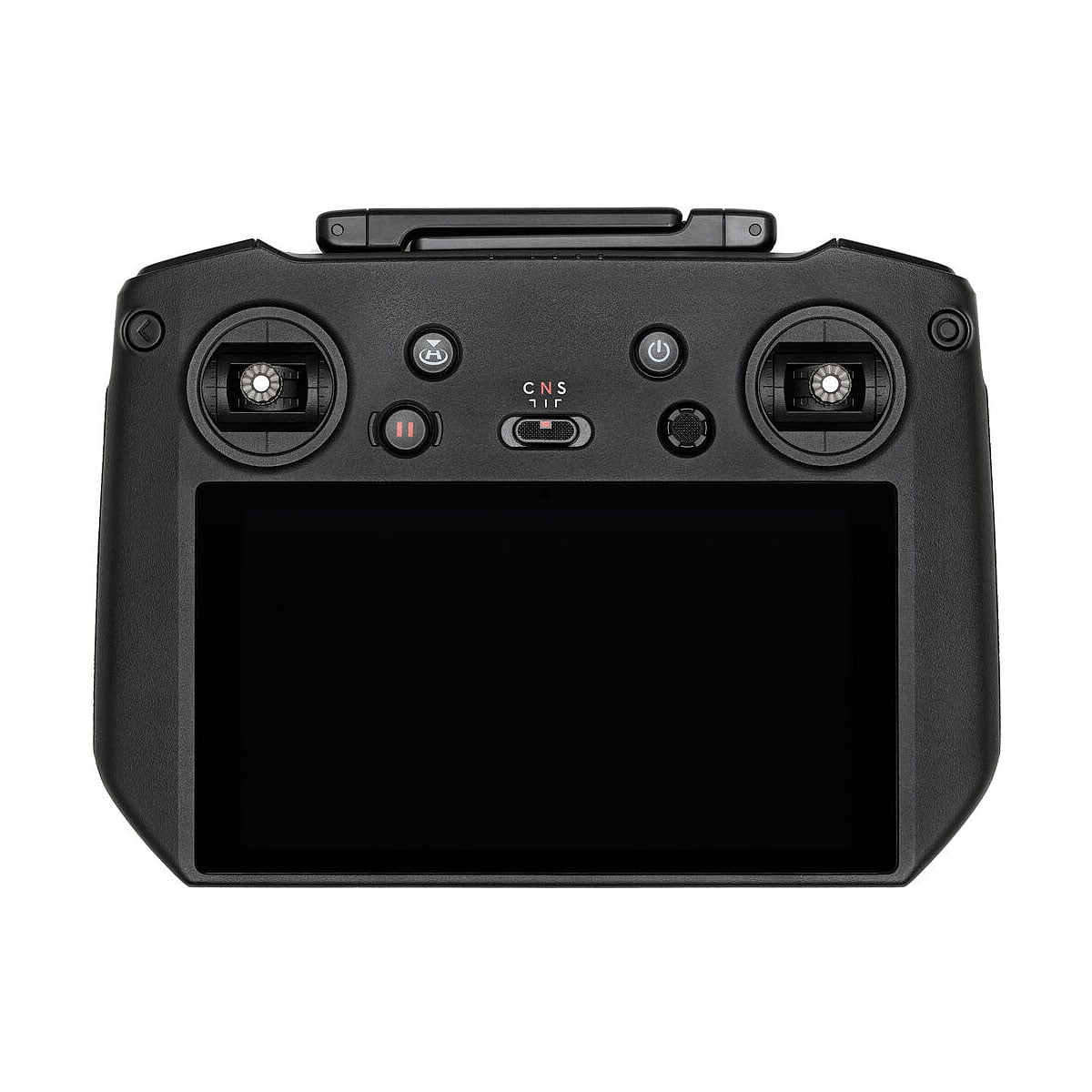 DJI RC Pro -ohjain, musta, jossa on kaksi ohjaussauvaa, useita painikkeita ja suuri suorakulmainen näyttö alareunassa, ylhäältä katsottuna valkoisella pohjalla.