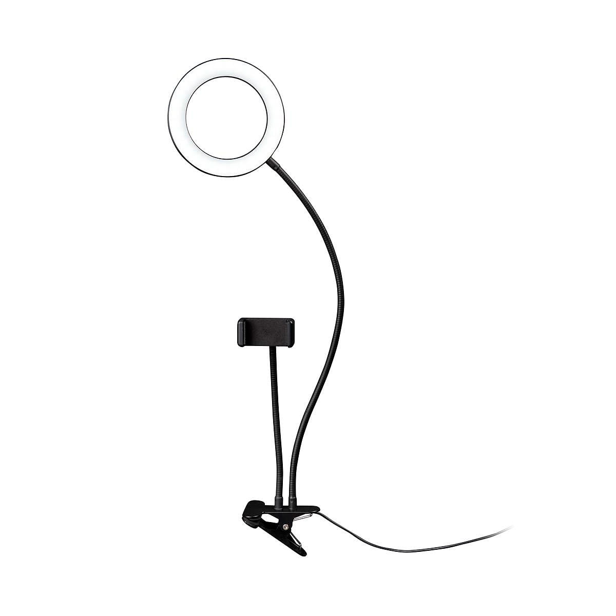 Dörr SLR-16 Bi-Color Rengasvalo Puhelinpidikkeellä on rengasvalo ja puhelimen pidike joustavilla varret, kiinnitetty USB-virransyötöllä varustettuun kiinnikejalustaan, joka näkyy tavallisella valkoisella pohjalla.