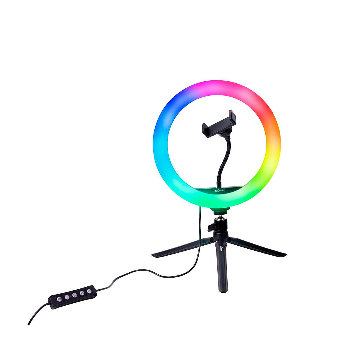 Dörr VL-26 RGB Rengasvalo Vlogging Kit -valaisimessa on sateenkaaren värinen rengasvalo pienellä mustalla jalustalla, jossa on integroitu puhelimen pidike renkaan sisällä ja langallinen ohjauskytkin.