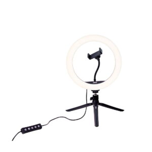 Dörr VL-26 RGB Rengasvalo Vlogging Kit sisältää rengasvalon kolmella levitettävällä jalustalla varustetulla jalustalla, keskellä olevan puhelintelineen ja kiinnitetyn langallisen kaukosäätimen. Rengasvalo on valaistu, mikä sopii täydellisesti vloggaamiseen.