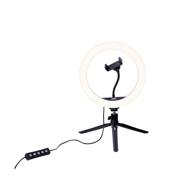 Dörr VL-26 RGB Rengasvalo Vlogging Kit sisältää rengasvalon kolmella levitettävällä jalustalla varustetulla jalustalla, keskellä olevan puhelintelineen ja kiinnitetyn langallisen kaukosäätimen. Rengasvalo on valaistu, mikä sopii täydellisesti vloggaamiseen.
