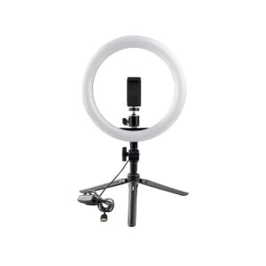 Dörr VL-26 Bi-Color Rengasvalo Vlogging Kit sisältää rengasvalon, jossa on keskeinen älypuhelimen pidike, joka on asennettu jalustalle ja yhdistetty kaapelilla. Asetelma näkyy tavallista valkoista taustaa vasten.