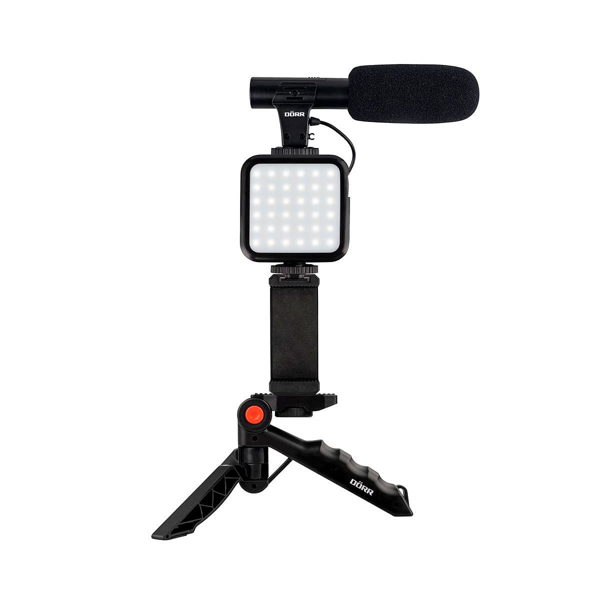 Dörr VL-5 Vlogging Kit Mikrofonilla on kompakti kokoonpano, jossa on mikrofoni päällä, LED-valopaneeli keskellä ja älypuhelimen pidike, joka on kiinnitetty kannettavaan jalustaan.