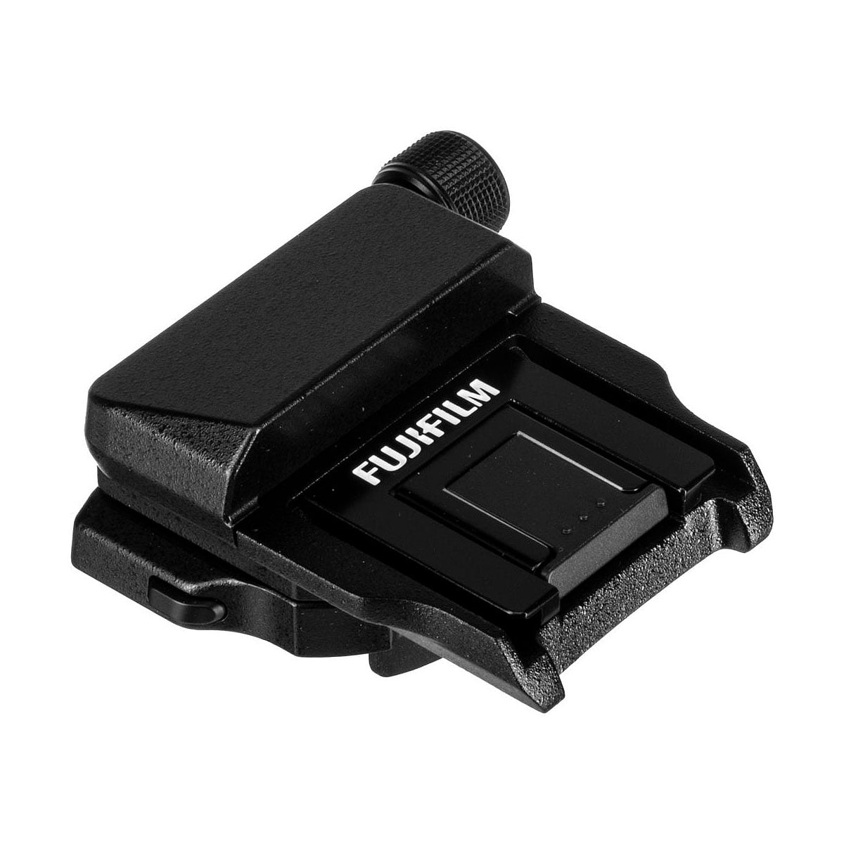 The Fujifilm EVF-TL1 EVF Tilt Adapter is a black camera accessory with a metal bracket and clamping knob, shown on a white background. "FUJIFILM" is printed in white on the top surface.