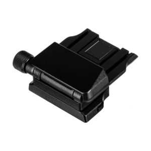The Fujifilm EVF-TL1 EVF Tilt Adapter, pictured in white, is a black metal camera hot shoe adapter with a tension knob for attaching accessories to the camera or tripod.