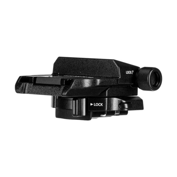 The Fujifilm EVF-TL1 EVF Tilt Adapter is a black quick release plate with locking mechanism and adjustment knobs designed to securely attach and detach cameras from tripods or mounts.