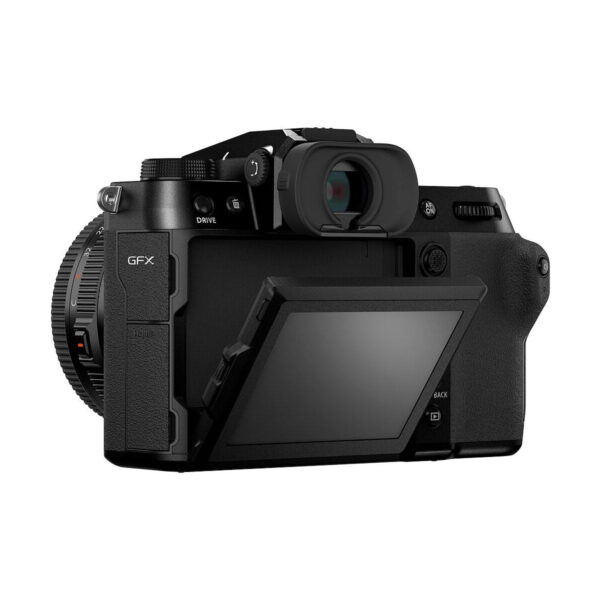 Fujifilm GFX 100S -järjestelmäkamera näytetään takaa, jossa on osittain laajennettu kallistuva LCD-näyttö, musta runko, jossa on vasemmalla puolella merkintä "GFX", sekä näkyvät painikkeet ja etsin.
