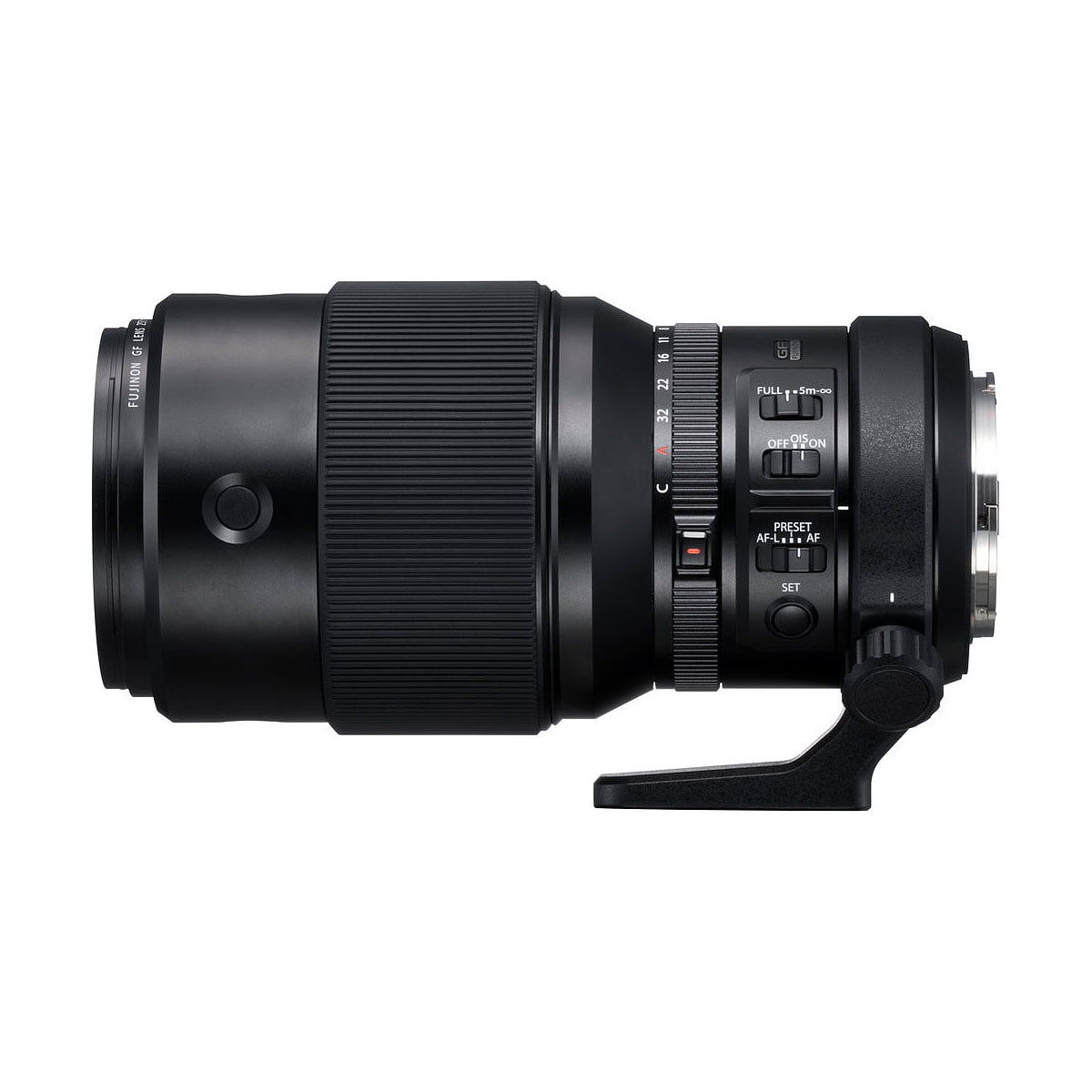 Mustassa Fujifilm Fujinon GF 250mm f/4 R LM OIS WR -objektiivissa on useita säätökytkimiä, tarkennusrengas ja jalustan kaulakiinnitys.