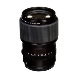 The Fujifilm Fujino GF 110mm f/2 R LM WR is a black camera lens with a textured grip, visible glass elements and aperture markings on the focusing ring against a white background.