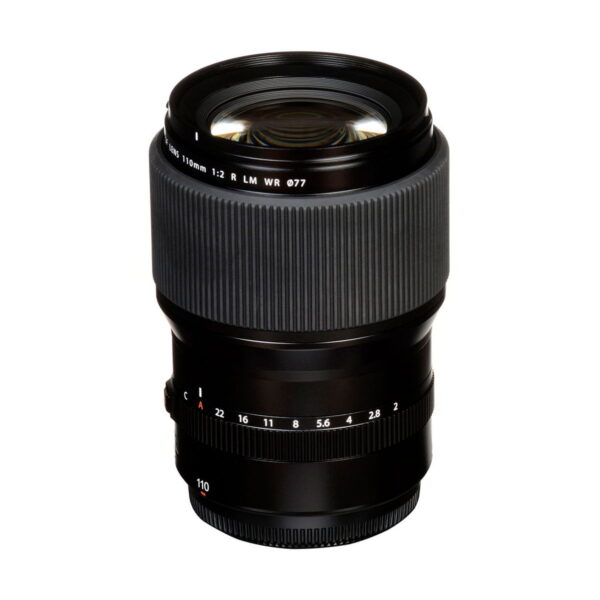 The Fujifilm Fujino GF 110mm f/2 R LM WR is a black camera lens with a textured grip, visible glass elements and aperture markings on the focusing ring against a white background.