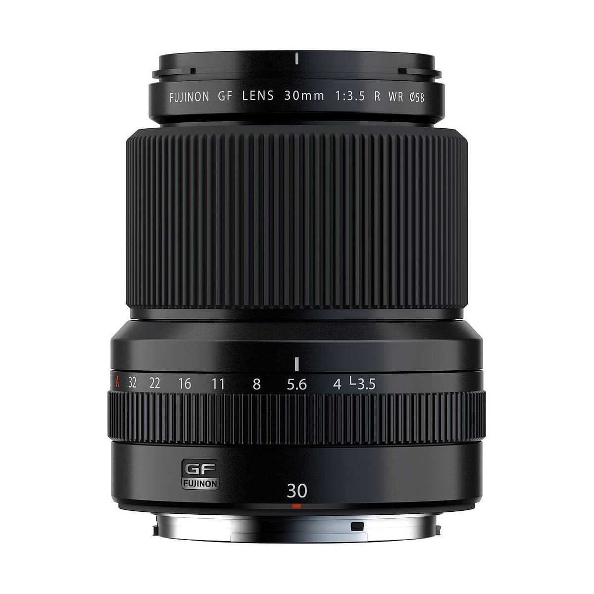 Musta Fujifilm Fujinon GF 30mm f/3.5 R WR -objektiivi, jossa on kuvioitu tarkennusrengas, aukkomerkinnät ja selkeä tuotemerkki, näkyy valkoista taustaa vasten.
