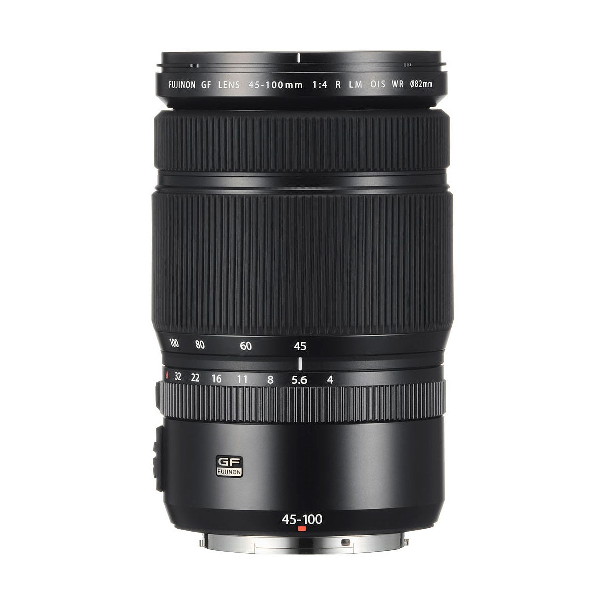 Fujifilm Fujinon GF 45-100mm f/4 R LM OIS WR -objektiivi seisoo pystyasennossa valkoisella taustalla, ja sen polttoväli, aukko ja tarkennusmerkinnät näkyvät.