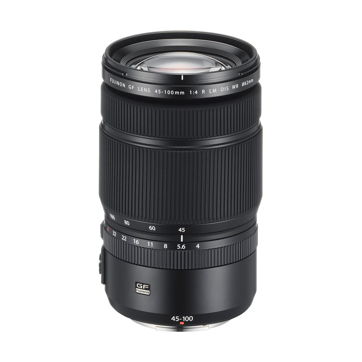 The Fujifilm Fujino GF 45-100mm f/4 R LM OIS WR lens stands upright against a white background, with its rings, switches and lens markings visible.