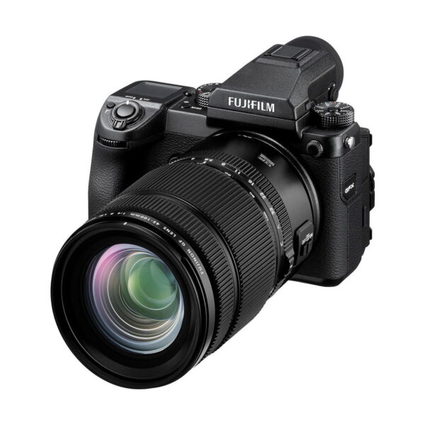 The Fujifilm Fujino GF 45-100mm f/4 R LM OIS WR is photographed in black, with the zoom lens, buttons, viewfinder and branding on a white background.