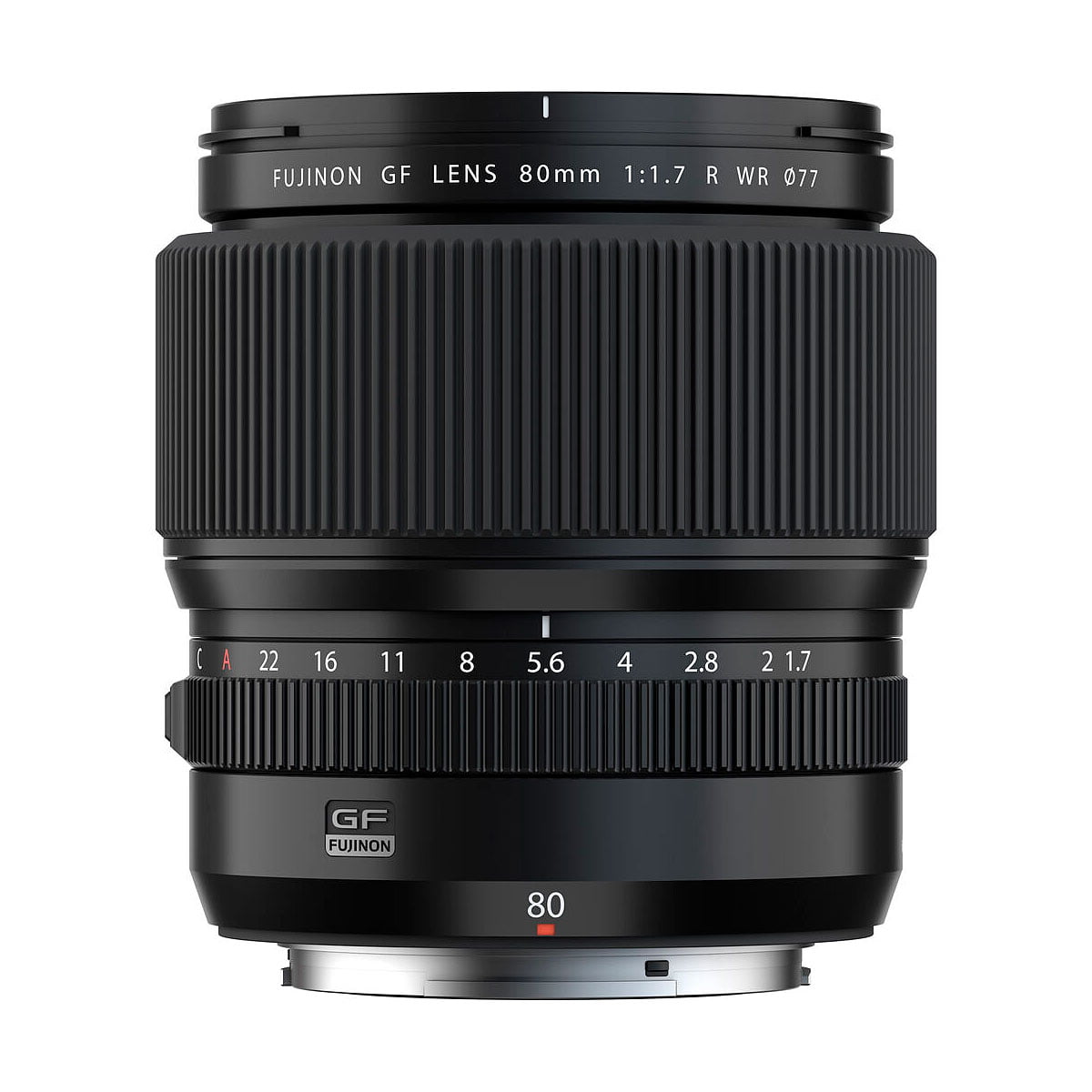 The Fujifilm Fujinon GF 80mm f/1.7 R WR lens with ribbed focus ring and aperture markings stands upright on a white background with the "GF Fujinon 80" marking visible.