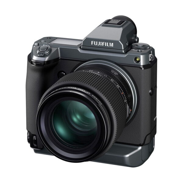 Fujifilm Fujino's GF 80mm f/1.7 R WR lens appears on a white background, with a large lens and adjustment dials on top, as well as a visible grip and viewfinder.