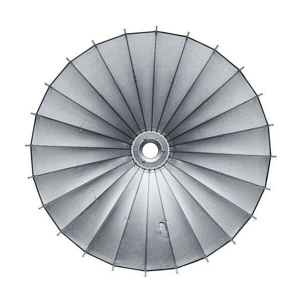 Godox_Parabolic_128_Reflector_Kit_007 Godox Parabolic 128 Reflector Kitin yläpuolinen näkymä, suuri pyöreä softbox, jossa on tasaisin välimatkoin keskeltä lähtevät metallitangot, jotka muodostavat silmiinpistävän geometrisen, sateenvarjomaisen kuvion.