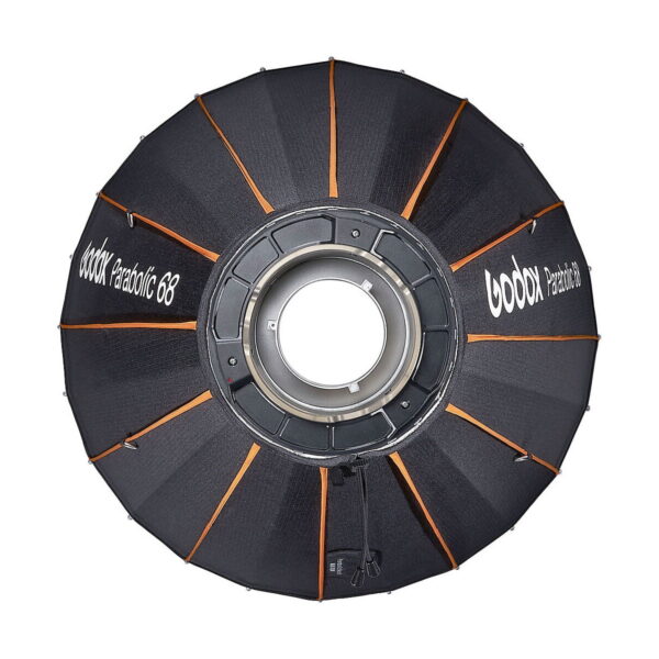 Etukuva mustasta Godox Parabolic 68 Reflector Kit -heijastinsarjasta, jossa on oranssit tangot ja keskeinen pyöreä aukko studiovaloon kiinnittämistä varten.