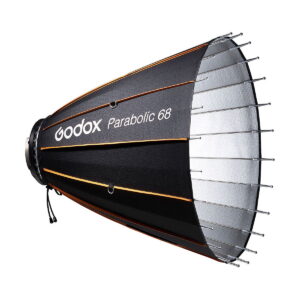 Godox Parabolic 68 Reflector Kit on musta, kartiomainen softbox, jossa on oranssit korostukset, metallitangot ja verkkomainen etuosa ja joka on suunniteltu ammattimaiseen valokuvaukseen.