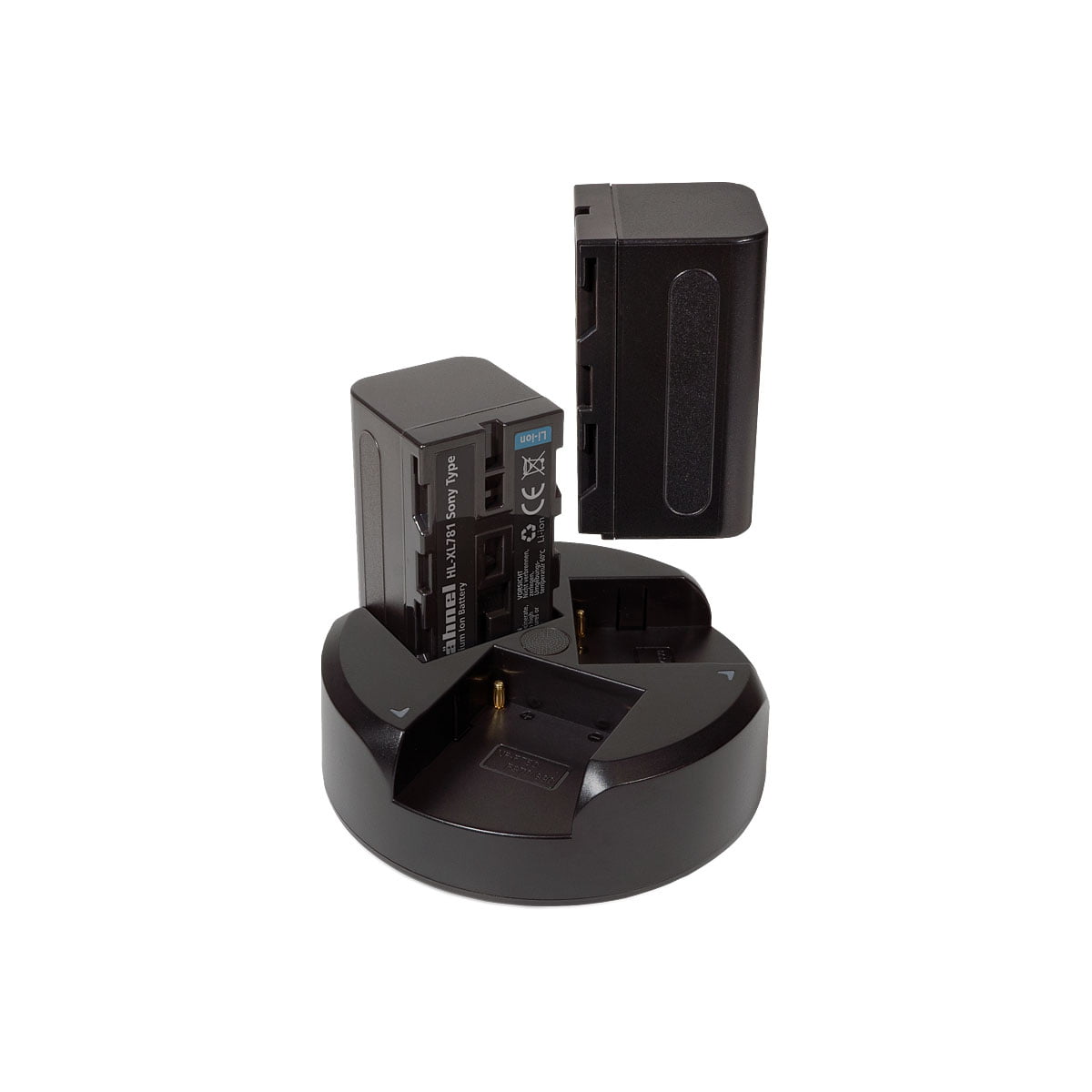 Hähnel Trio Charger Sony L-sarjan Kit -latausasema, musta, kaksi ladattavaa akkua - yksi asetettu ja toinen pystyssä vieressä - valkoisella pohjalla.