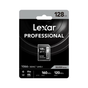 Lexar Pro 1066x U3 UHS-I R160/W120 128GB -muistikortti, tarjoaa 160MB/s luku- ja 120MB/s kirjoitusnopeuden, V30-luokitus 4K UHD:lle, vähittäismyyntipakkauksessa, osa Silver-sarjaa.