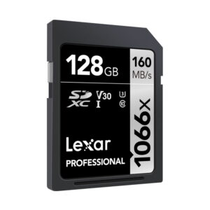 Lexar Pro 1066x U3 UHS-I R160/W120 128GB SDXC-muistikortti, jonka mustavalkoisessa etiketissä on V30, U3 ja Class 10.