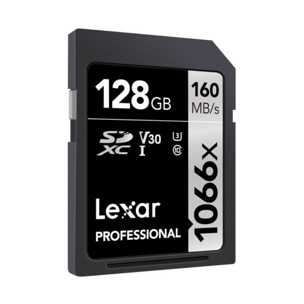 Lexar Pro 1066x U3 UHS-I R160/W120 128GB SDXC-muistikortti, jonka mustavalkoisessa etiketissä on V30, U3 ja Class 10.