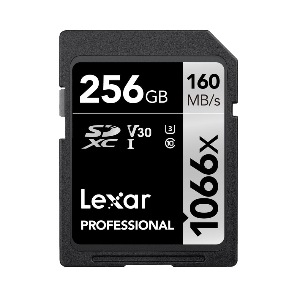 Lexar Pro 1066x U3 UHS-I R160/W120 256GB -muistikortti tarjoaa 256 Gt:n kapasiteetin, jopa 160 Mt/s lukunopeuden ja V30-, U3- ja Class 10 -luokituksen.