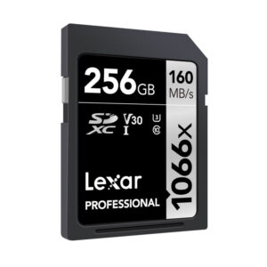 Lexar Pro 1066x U3 UHS-I R160/W120 256GB SDXC-muistikortti, jossa on 160MB/s lukunopeus, 120MB/s kirjoitusnopeus, V30, U3, Class 10 -luokitus; musta, valkoinen ja hopeinen etiketti.