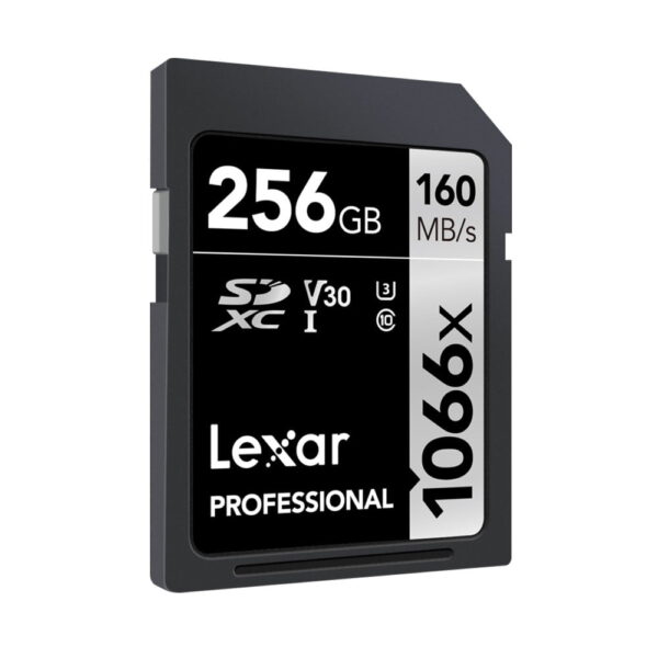 Lexar Pro 1066x U3 UHS-I R160/W120 256GB SDXC-muistikortti, jossa on 160MB/s lukunopeus, 120MB/s kirjoitusnopeus, V30, U3, Class 10 -luokitus; musta, valkoinen ja hopeinen etiketti.