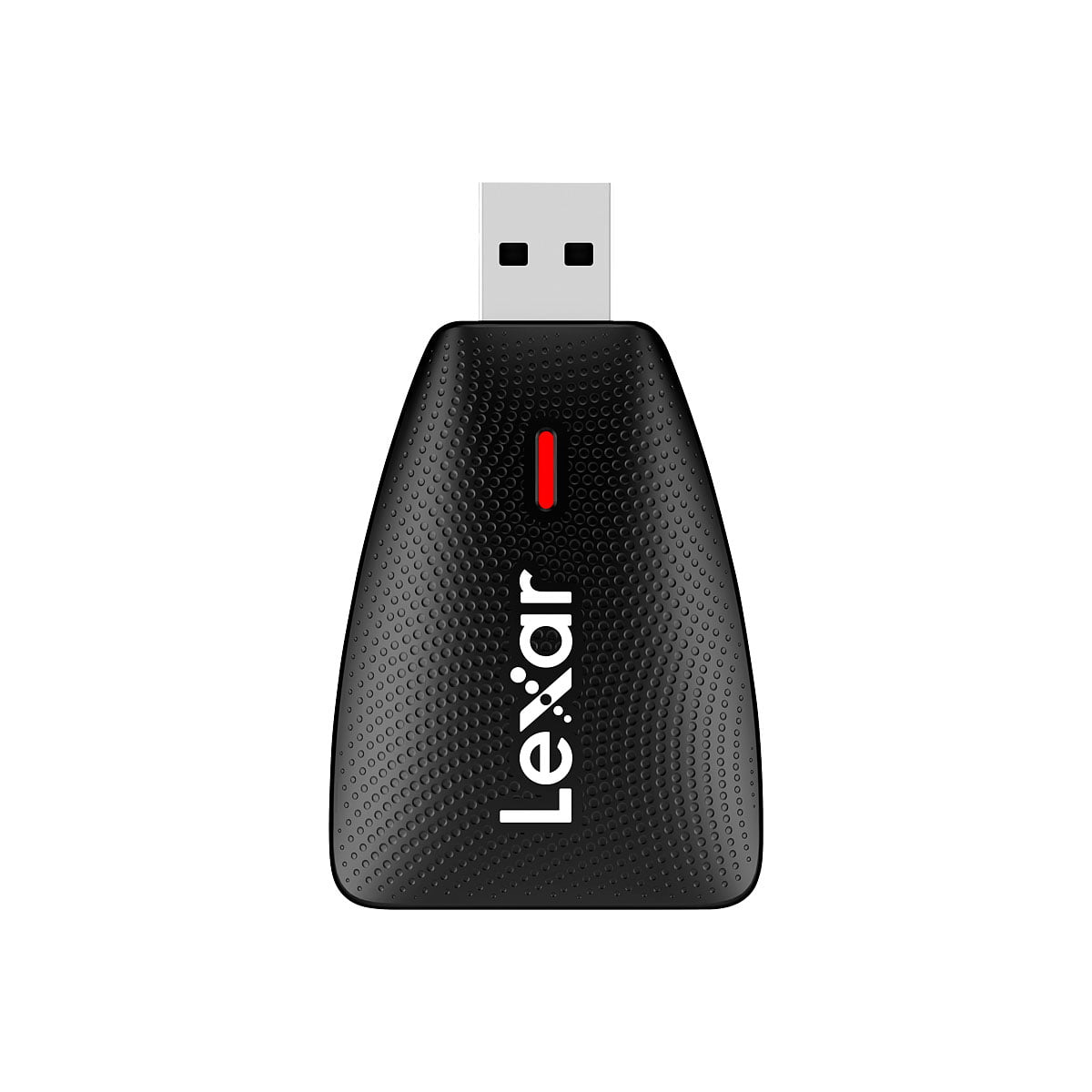 Musta Lexar Cardreader 2-in-1 SD/MicroSD USB 3.1, jossa on kuvioitu pinta, punainen merkkivalo ja valkoinen Lexar-logo etupuolella valkoista taustaa vasten.
