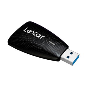 Black Lexar Cardreader 2-in-1 SD/MicroSD USB 3.1 memory card reader with blue connector, textured surface and white Lexar logo on top.