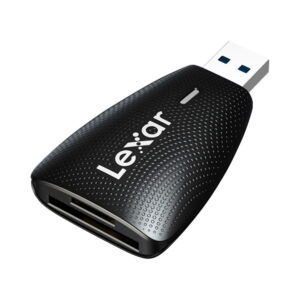 The Lexar Cardreader 2-in-1 SD/MicroSD USB 3.1 memory card reader is a black, textured card reader with USB plug and memory card slots, shown in white.