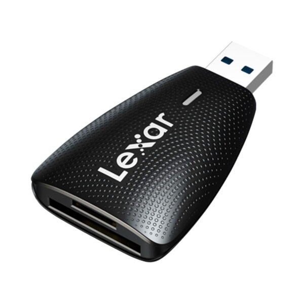 The Lexar Cardreader 2-in-1 SD/MicroSD USB 3.1 memory card reader is a black, textured card reader with USB plug and memory card slots, shown in white.