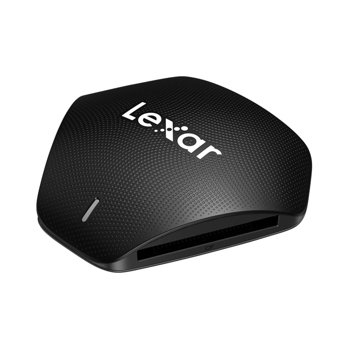 Lexar Cardreader 3-in-1 SD/MicroSD/CF USB 3.1 -kortinlukijassa on musta kuvioitu muotoilu, Lexar-logo yläosassa ja korttipaikka etupuolella.