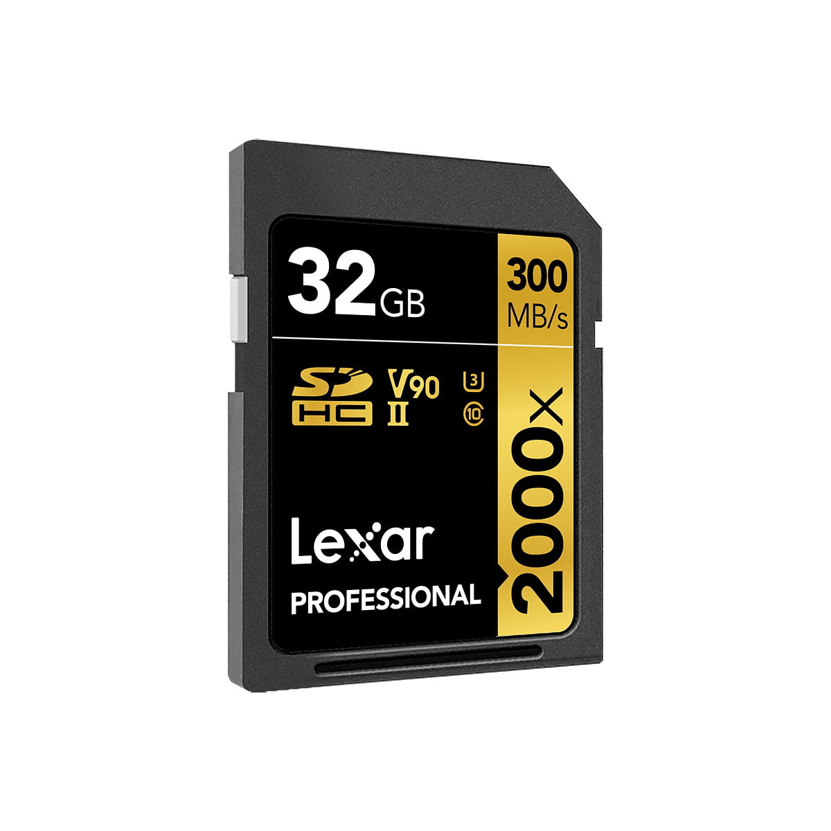 Lexar Pro 2000X SDHC/SDXC UHS-II U3 (V90) 32GB muistikortti, jonka lukunopeus on jopa 300MB/s ja kirjoitusnopeus 260MB/s, ja jossa on musta ja kultainen etiketti.