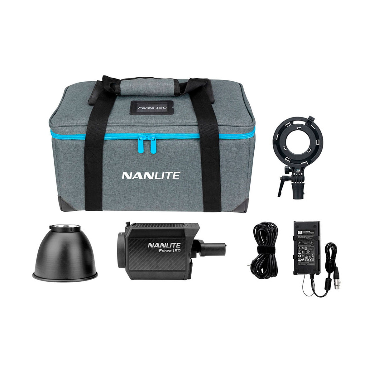 NANLITE Forza 150 LED Monolight -valaisinsarja, jossa on harmaa kantolaukku, valopää, heijastin, virtalähde kaapeleineen ja kiinnike valkoisella pohjalla.