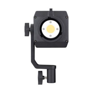 Nanlite_Forza_150_003 The NANLITE Forza 150 LED Monolight is a black, square LED luminaire with a round light in the centre, mounted on an adjustable bracket with positioning knobs, shown against a white background.